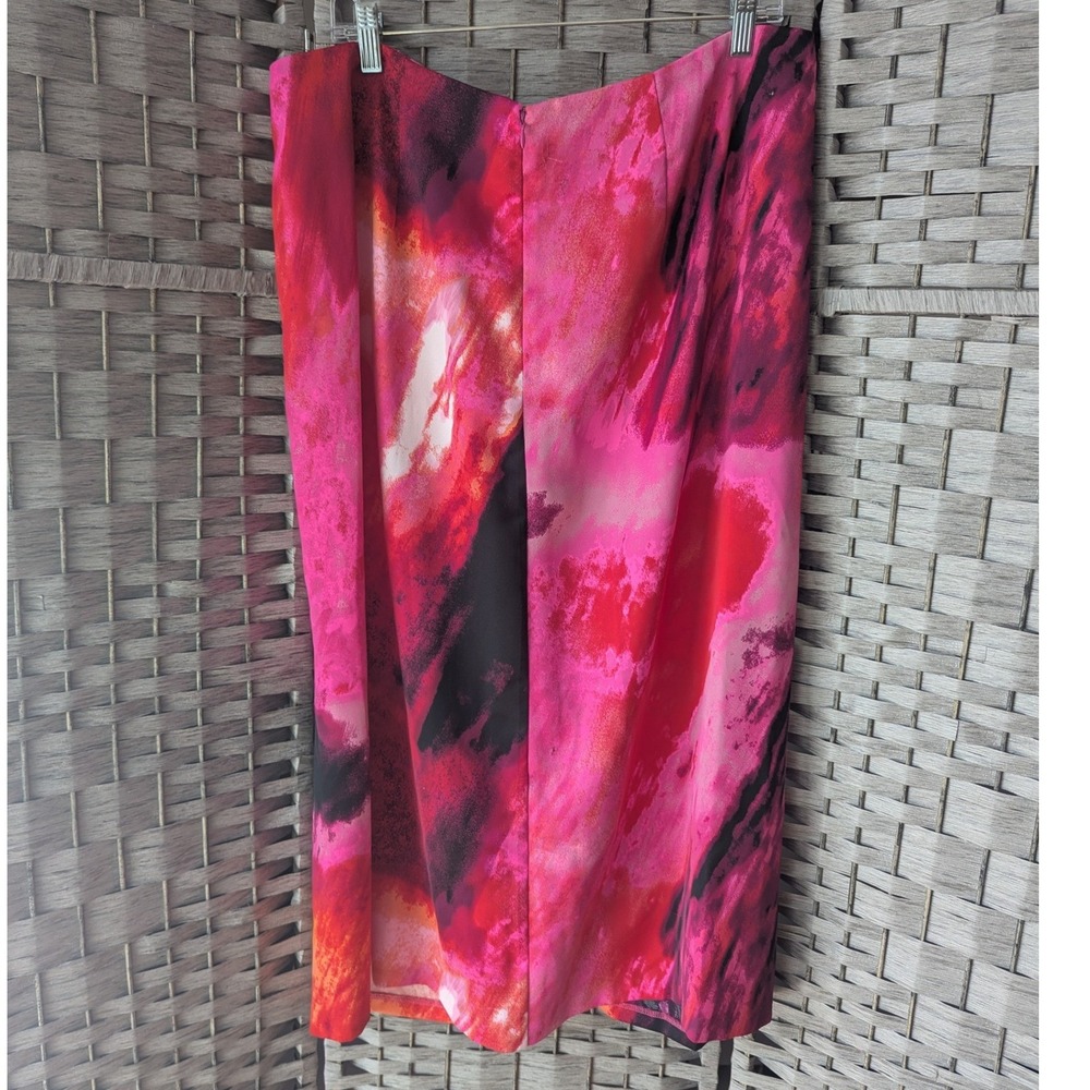 DKNY Midi Skirt Pink Abstract Watercolor Knot Front Draped XL Bold Colorful Fun